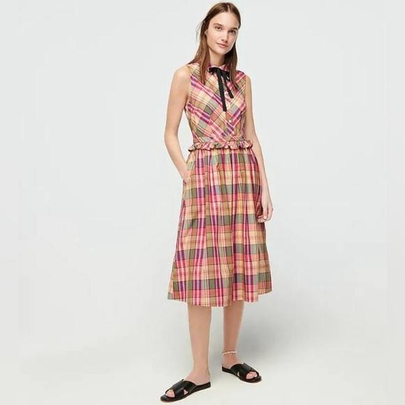 J. Crew Dresses & Skirts - J. Crew Women's 8 Pink & Green Plaid Ruffle Waist Pockets Midi Dress
